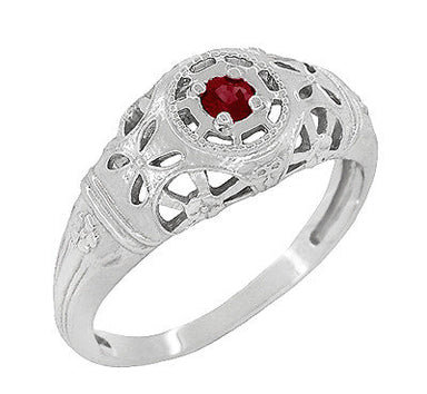 1920's Art Deco Low Dome Filigree Ruby Ring in White Gold