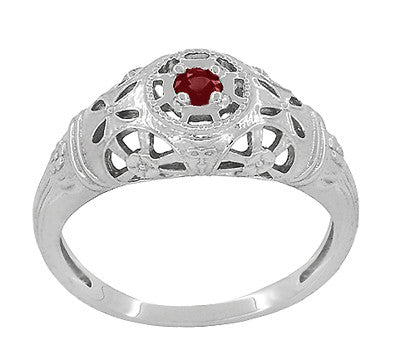 1920's Art Deco Low Dome Platinum Filigree Ruby Ring - Item: R698P - Image: 3