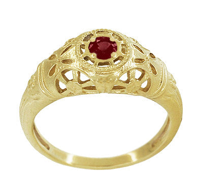 Low Dome Floral Filigree Art Deco Ruby Ring in Yellow Gold - Item: R698Y - Image: 3