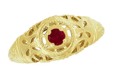 Low Dome Floral Filigree Art Deco Ruby Ring in Yellow Gold - Item: R698Y - Image: 4