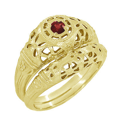 Low Dome Floral Filigree Art Deco Ruby Ring in Yellow Gold - Item: R698Y - Image: 5