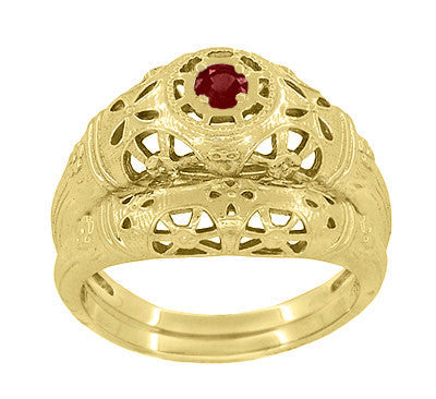 Low Dome Floral Filigree Art Deco Ruby Ring in Yellow Gold - Item: R698Y - Image: 6