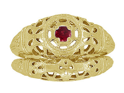 Low Dome Floral Filigree Art Deco Ruby Ring in Yellow Gold - Item: R698Y - Image: 7