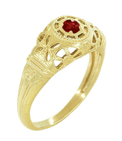 Low Dome Floral Filigree Art Deco Ruby Ring in Yellow Gold - Item: R698Y - Image: 2