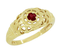 Low Dome Floral Filigree Art Deco Ruby Ring in Yellow Gold