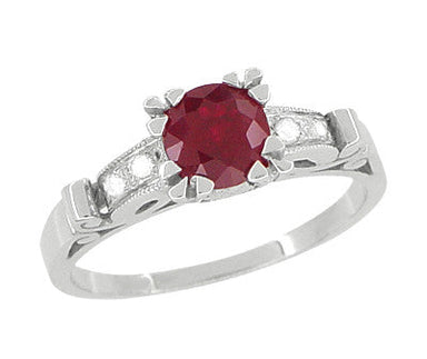 Art Deco Vintage Fishtail Ruby Engagement Ring with Side Diamonds and Open  Scroll Sides in White Gold 18K - R699