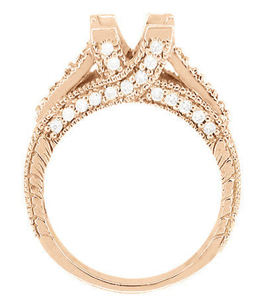 Rose Gold Art Deco X & O Kisses Engagement Ring Setting for a 1 Carat Princess Cut Diamond