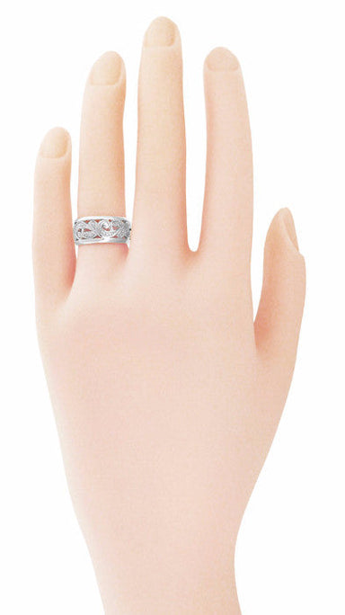 Retro Moderne Scrolls and Leaves Engraved Filigree 8.5mm Wide Wedding Ring in White Gold - Size 5.5 - alternate view