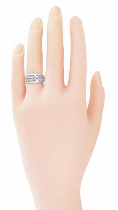 Retro Moderne Scrolls and Leaves Engraved Filigree 8.5mm Wide Wedding Ring in White Gold - Size 5.5 - Item: R702W10 - Image: 2