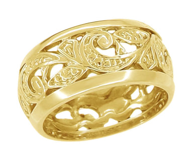 Retro Moderne Scrolls and Leaves Filigree Wedding Ring in Yellow Gold - 8.5mm Wide - Size 5.5