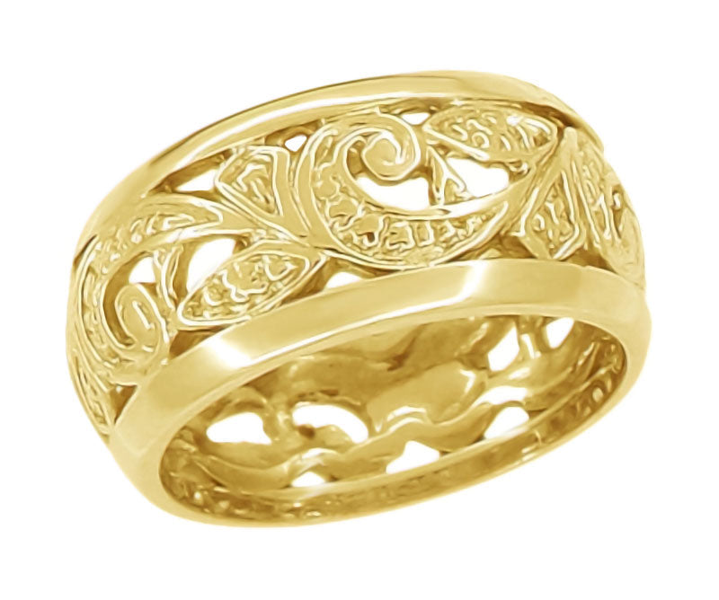 Retro Moderne Scrolls and Leaves Filigree Wedding Ring in Yellow Gold - 8.5mm Wide - Size 5.5