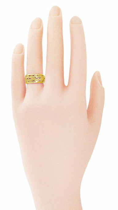 Retro Moderne Scrolls and Leaves Filigree Wedding Ring in Yellow Gold - 8.5mm Wide - Size 5.5 - alternate view