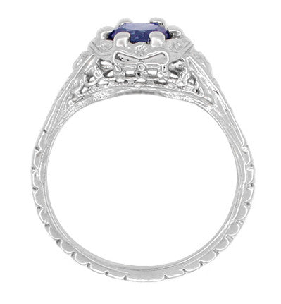 Art Deco Filigree Flowers Sapphire Engagement Ring in 14 Karat White Gold - Item: R706 - Image: 3