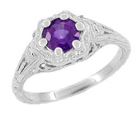 Filigree Art Deco Flowers Amethyst Engagement Ring in 14 Karat White Gold