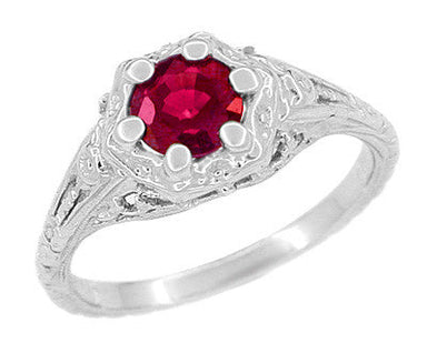 Art Deco Filigree Flowers Lab Grown Ruby Engagement Ring in 14 Karat White Gold