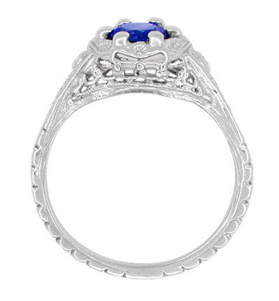 Art Deco Filigree Flowers Lab Grown Sapphire Engagement Ring in 14 Karat White Gold - Item: R706WCS - Image: 3