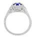 Art Deco Filigree Flowers Lab Grown Sapphire Engagement Ring in 14 Karat White Gold