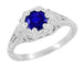 Art Deco Filigree Flowers Lab Grown Sapphire Engagement Ring in 14 Karat White Gold