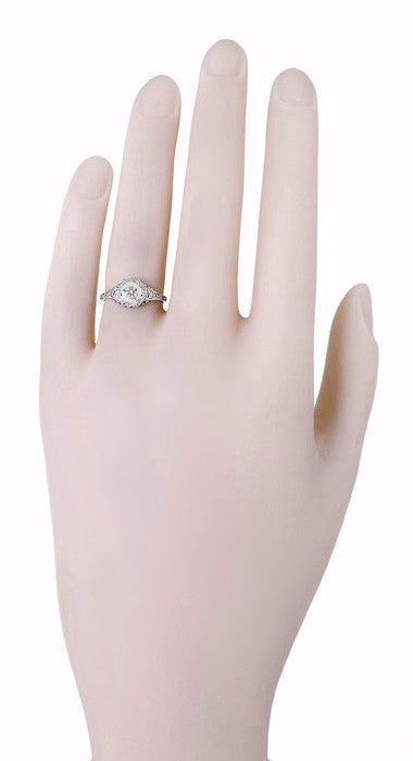 Art Deco Filigree Flowers Antique Design 0.50 Carat Diamond Engagement Ring in 14 Karat White Gold - Item: R706WD-LC - Image: 4
