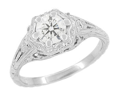 Art Deco Filigree Flowers Vintage Style White Sapphire Engagement Ring in 14K White Gold