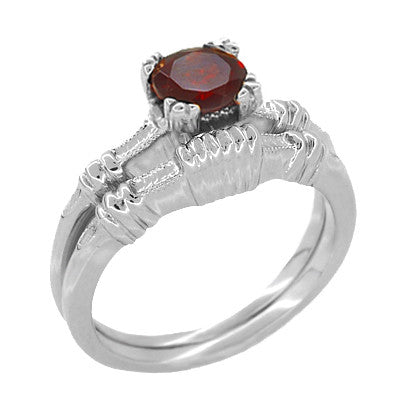 Art Deco Clovers and Hearts Almandine Garnet Engagement Ring Solitaire in 14 Karat White Gold - Item: R707W - Image: 3