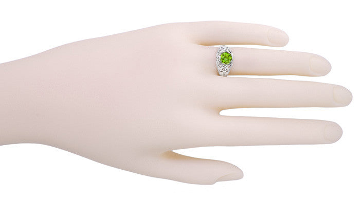 Edwardian Peridot Filigree Ring in 14 Karat White Gold - Item: R712PER - Image: 3
