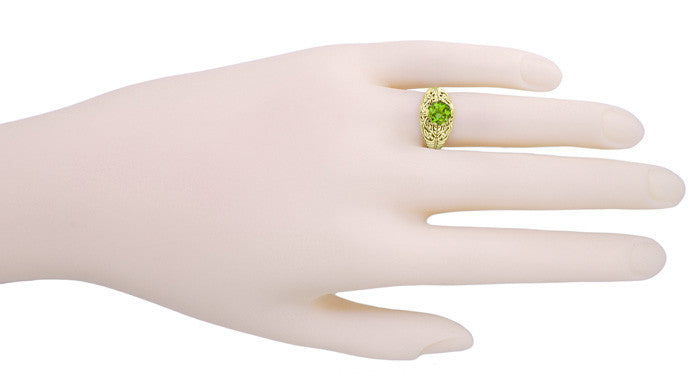 Peridot Filigree Edwardian Engagement Ring in 14 Karat Yellow Gold - Item: R712YPER - Image: 3
