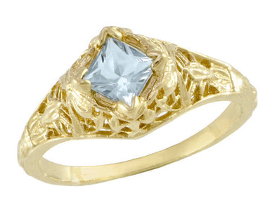 Edwardian Vintage East to West Square Aquamarine Engagement Ring in Yellow Gold - R713YA