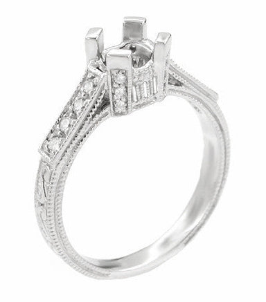 Art Deco Castle 1/3 Carat Diamond Filigree Engagement Ring Semi-Mount in 18 Karat White Gold