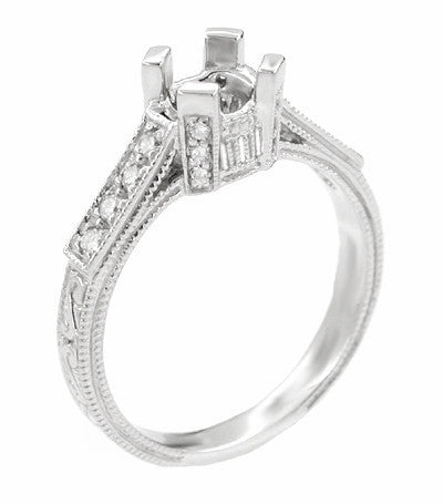 Art Deco Castle 1/3 Carat Diamond Filigree Engagement Ring Semi-Mount in 18 Karat White Gold
