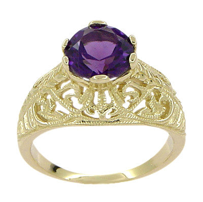 Edwardian 1.25 Carat Amethyst Filigree Ring in 14 Karat Yellow Gold - Item: R718 - Image: 2
