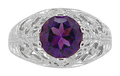 Edwardian Amethyst Filigree Ring in 14 Karat White Gold - Item: R718W - Image: 5
