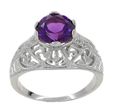 Edwardian Amethyst Filigree Ring in 14 Karat White Gold - alternate view