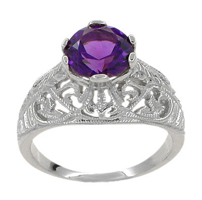 Edwardian Amethyst Filigree Ring in 14 Karat White Gold - Item: R718W - Image: 2
