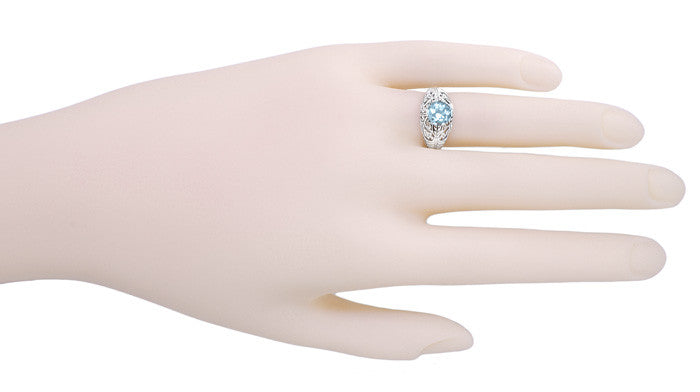 Edwardian Aquamarine Filigree Ring in 14 Karat White Gold - Item: R721 - Image: 3