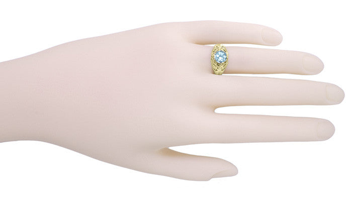 Edwardian Aquamarine Filigree Ring in 14 Karat Yellow Gold - Item: R721Y - Image: 3