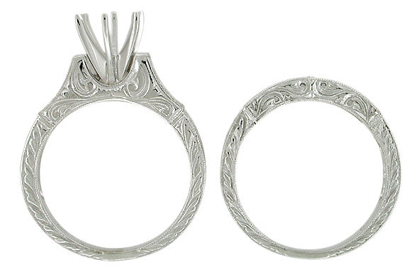Platinum Art Deco Scrolls 1/2 Carat Round Diamond Engagement Ring Setting and Wedding Ring Set - Item: R723P-LC - Image: 5