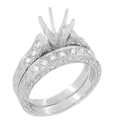 Art Deco Engraved Scrolls 3/4 Carat Diamond Antique Engagement Ring Setting for a 6mm Round Stone with Matched Diamond Wedding Ring in 18K White Gold - R724