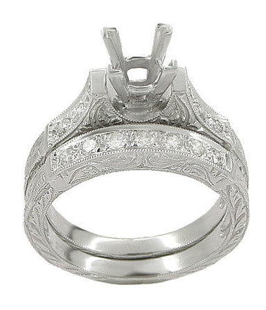 Art Deco Carved Scrolls 1/2 Carat Square Princess Cut Diamond Mount in Bridal Ring Set - 14 or 18 Karat White Gold - alternate view