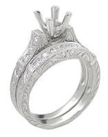 Art Deco Carved Scrolls 1/2 Carat Square Princess Cut Diamond Mount in Bridal Ring Set - 14 or 18 Karat White Gold