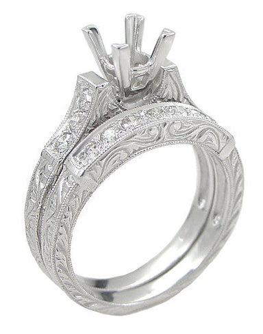 Art Deco Carved Scrolls 1/2 Carat Square Princess Cut Diamond Mount in Bridal Ring Set - 14 or 18 Karat White Gold