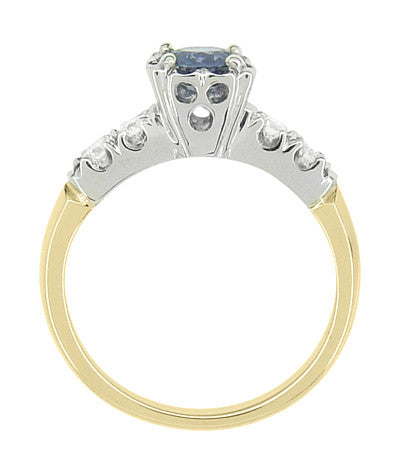 1950's Vintage Style Mid Century Cornflower Blue Sapphire Engagement Ring with Side Diamonds in Mixed Metal 14K Yellow & White Gold - Item: R728 - Image: 4