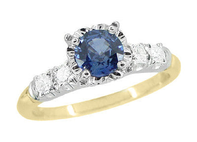 1950's Vintage Style Mid Century Cornflower Blue Sapphire Engagement Ring with Side Diamonds in Mixed Metal 14K Yellow & White Gold - alternate view