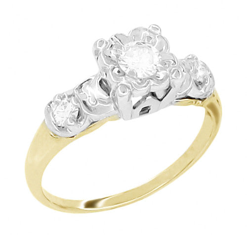 Square Top 1950's Vintage Diamond Engagement Ring in 14K Two-Tone White and Yellow Gold - Item: R732-10 - Image: 3