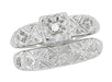 Art Deco Antique Wedding Ring and Clover Engagement Ring Set in 14 Karat White Gold