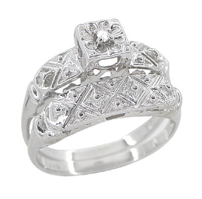 Art Deco Antique Wedding Ring and Clover Engagement Ring Set in 14 Karat White Gold