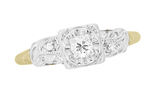 Heartlock Retro 1950's Illusion Vintage Diamond Engagement Ring in Mixed Metal 14K Yellow and White Gold - Item: R755 - Image: 2