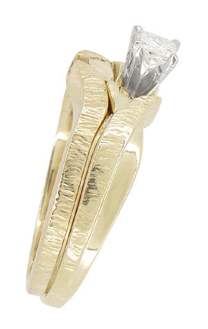 1980's Princess Cut Diamond Solitaire Vintage Engagement Ring and Wedding Ring Set with Bark Finish in 14 Karat Yellow Gold - Item: R788 - Image: 3