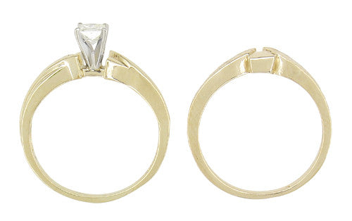 1980's Princess Cut Diamond Solitaire Vintage Engagement Ring and Wedding Ring Set with Bark Finish in 14 Karat Yellow Gold - Item: R788 - Image: 4