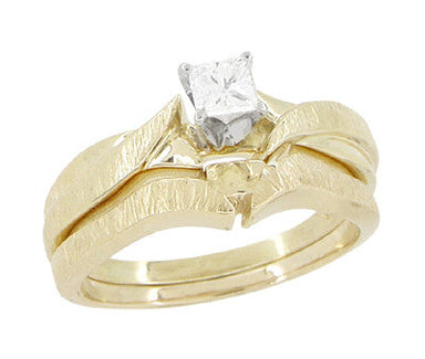 1980's Princess Cut Diamond Solitaire Vintage Engagement Ring and Wedding Ring Set with Bark Finish in 14 Karat Yellow Gold